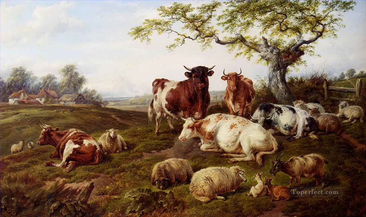 moutons au repos et Cerf une ferme au delà Peintures à l'huile